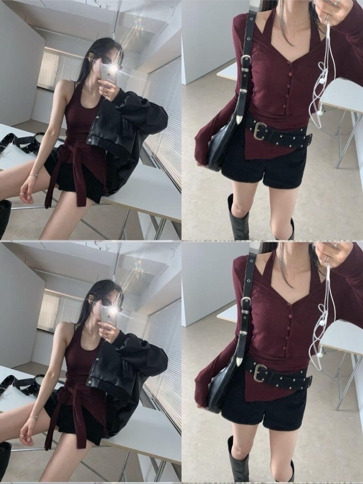 側開衩掛脖背心+外套兩件組